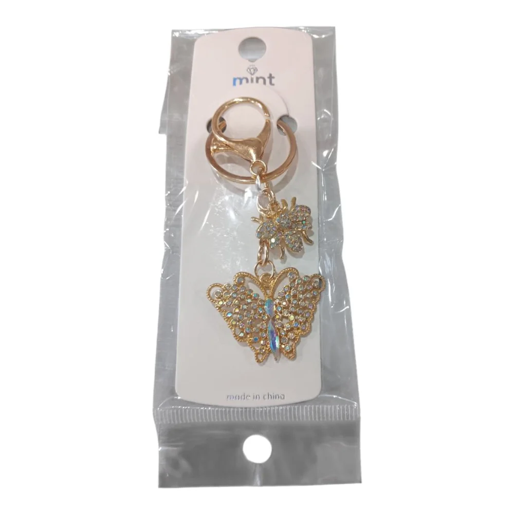 Iridescent Rhinestone Butterfly Bumblebee Gold Tone Keychain Purse Charm